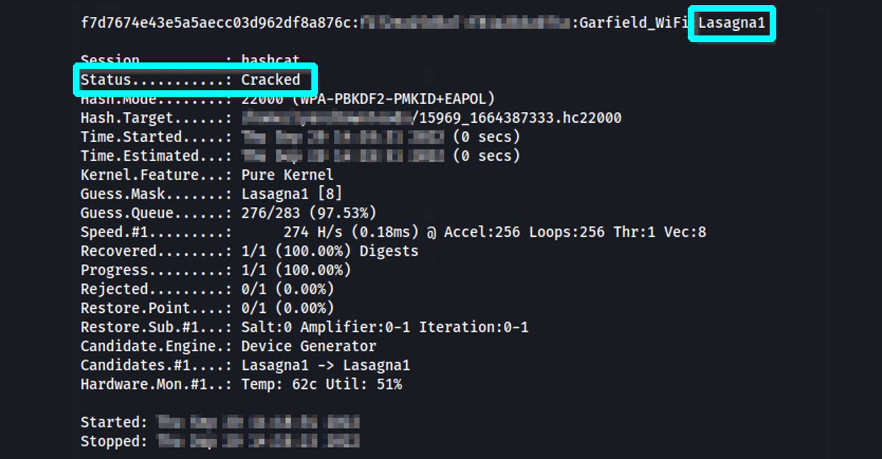 Mariner - Cybersecurity Awareness Month - Successfully cracking the wireless password Lasagna1 with Hashcat 1